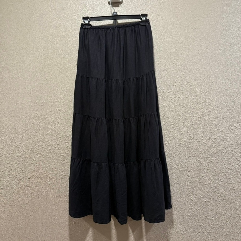 Cotton On Tiered Maxi Skirt Women 0 Black Linen Blend Boho Flowy Drawstring - Picture 6 of 6